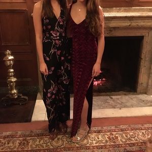 Yumi Kim silk floral jumpsuit, top ties around the neck and has a v neck